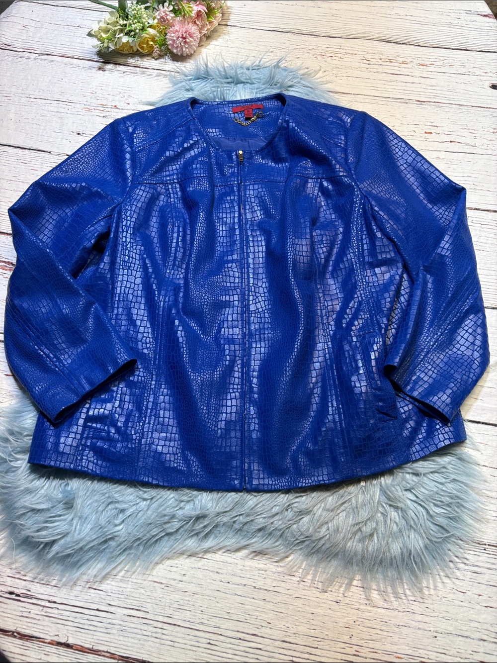 Joni B. Bright Blue Croc-Embossed Zip Front Jacket sz 1X